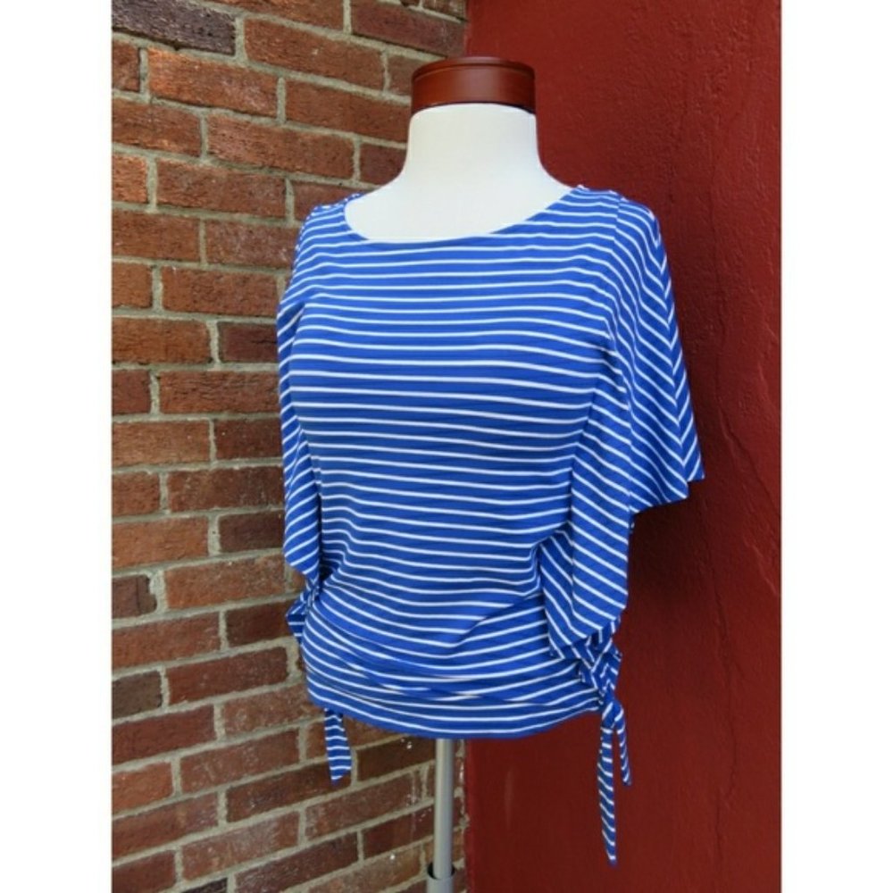Chico's Cute Stripe Tie Waist Drapey Dolman Sleeve Stretch Top Blue Small NEW